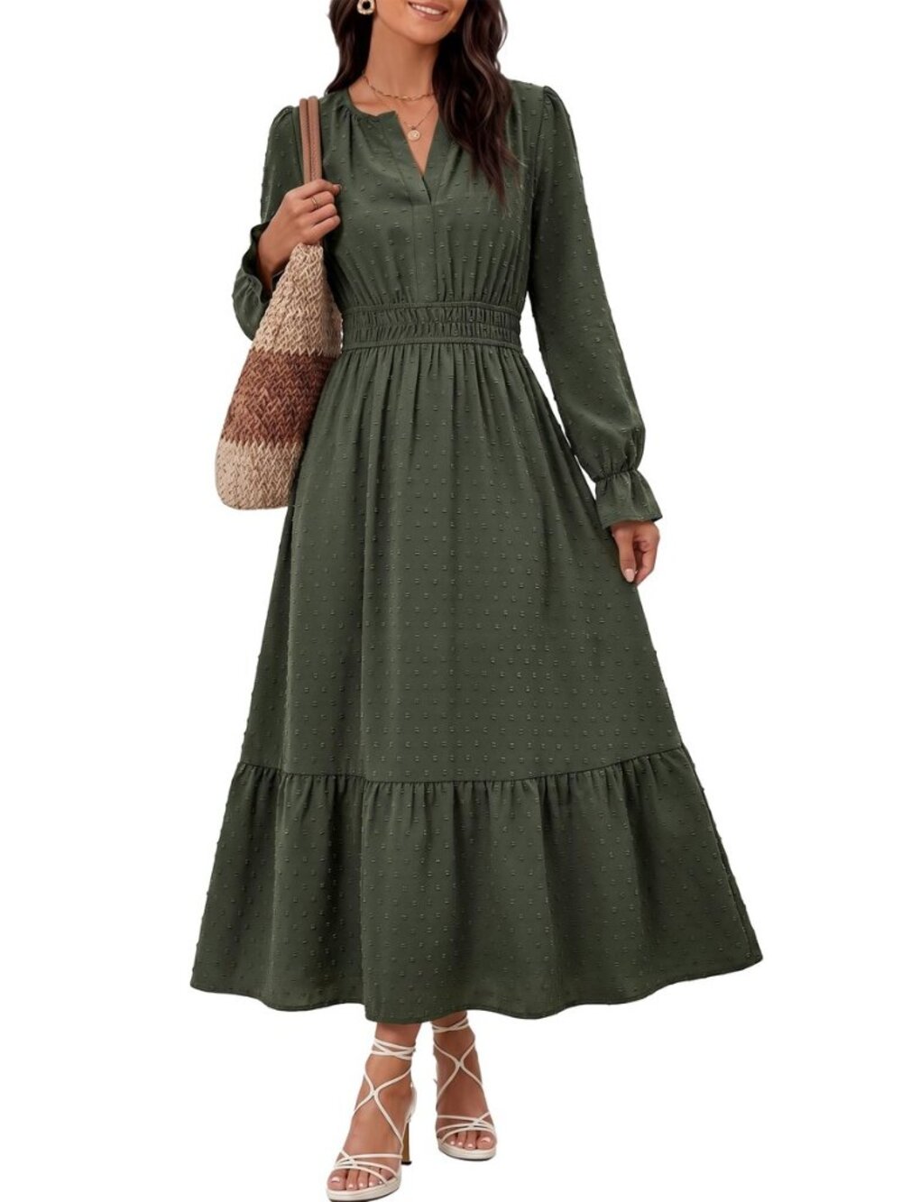 Women's Long Sleeve Maxi Dress V Neck Swiss Dot Boho, Army Green